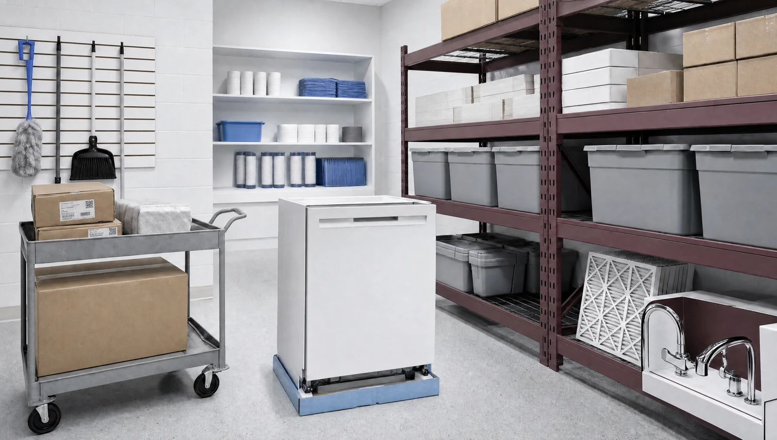 Apartment maintenance supplies organized in a storeroom
